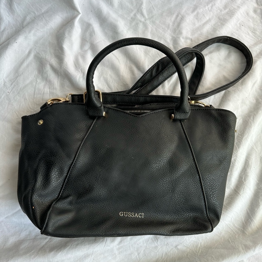 Gussaci Black Faux Leather Satchel Tote Bag 13x9 Crossbody Strap